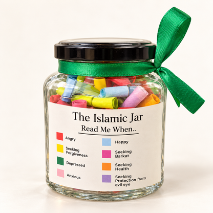 Islamic Jar — glass jar with black lid, green ribbon and colourful rolled reminders