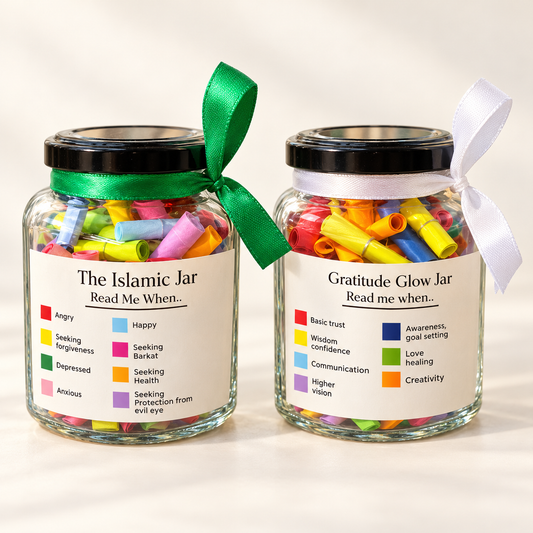 Jar Pair gift set — one Islamic Jar with green ribbon and one Gratitude Jar with white ribbon