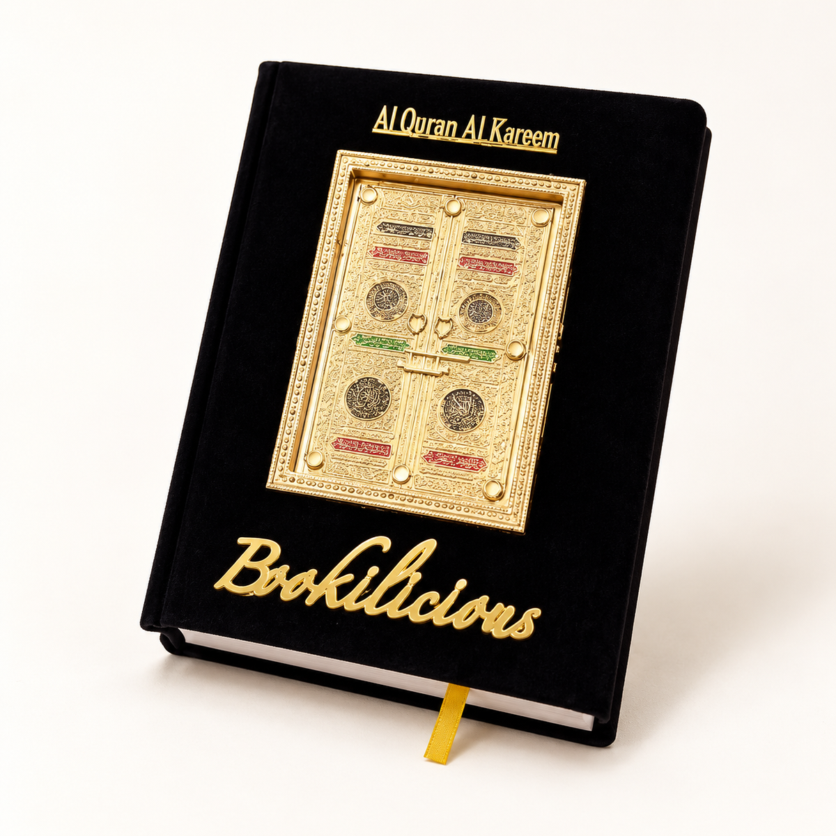 Kaaba Quran English translation — black and gold cover on a warm white studio background